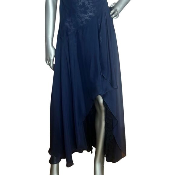 Meghan Silk Lace-Trim Dark Blue  Gown Dress 4 (024) - Picture 5 of 15
